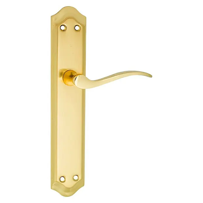 Micel Conjunto de picaporte 202 Latón pulido - Oro - Manija dorada con placa alargada y palanca curva. Diseño elegante para puertas interiores.