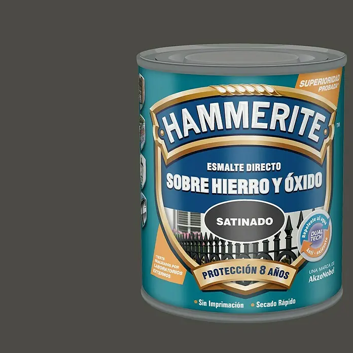 Hammerite Esmalte para metal Hierro y Óxido - Negro, 2,5 l, Efecto satinado - Bote de pintura Hammerite Directo al Óxido, acabado satinado, para hierro y óxido. Ofrece 8 años de protección, es repelente al agua y secado rápido.