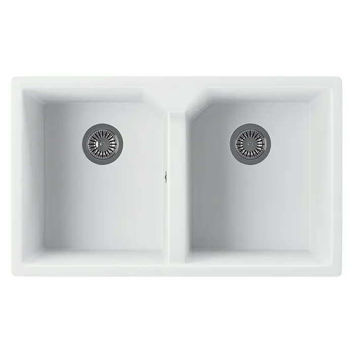 Atron Fregadero encastrable Berlín - 49,5 x 81,6 cm, Material compuesto, Blanco - Fregadero de cocina de cerámica blanca con doble cubeta y desagüe. Ideal para cocinas modernas, duradero y fácil de limpiar.