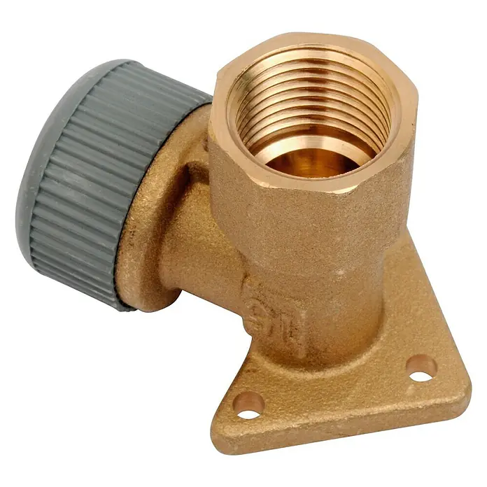 Codo PB rosca H con placa - 22 mm, ½″, 90 ° - Primer plano de una válvula de radiador de latón con un mando gris, montada en una placa de montaje de dos orificios.