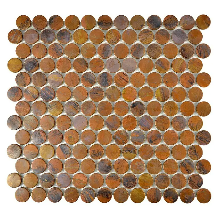 Mosaikfliese Knopf XK PR 56 - 29,8 x 28,2 cm, Kupfer, Matt - Detailaufnahme eines quadratischen Musters aus runden, kupferfarbenen Mosaikfliesen mit einzigartigen Farbvariationen und Texturen.