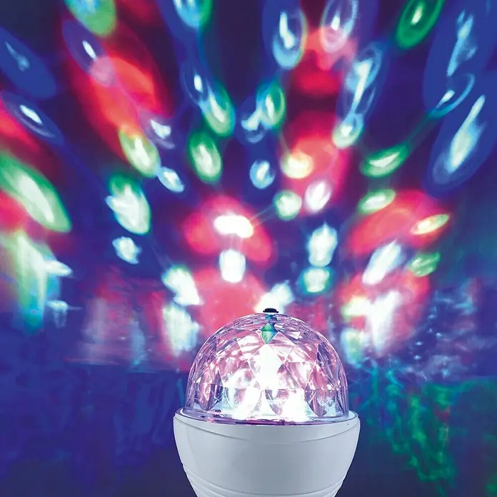 LED-Lampe Disco-Kugel - E14, Nicht Dimmbar, RGBW, 180 lm, 3 W - LED-Discokugel mit mehrfarbigen Lichteffekten. Die Lampe projiziert rotierende, farbenfrohe Muster an Wände und Decke für Partystimmung.