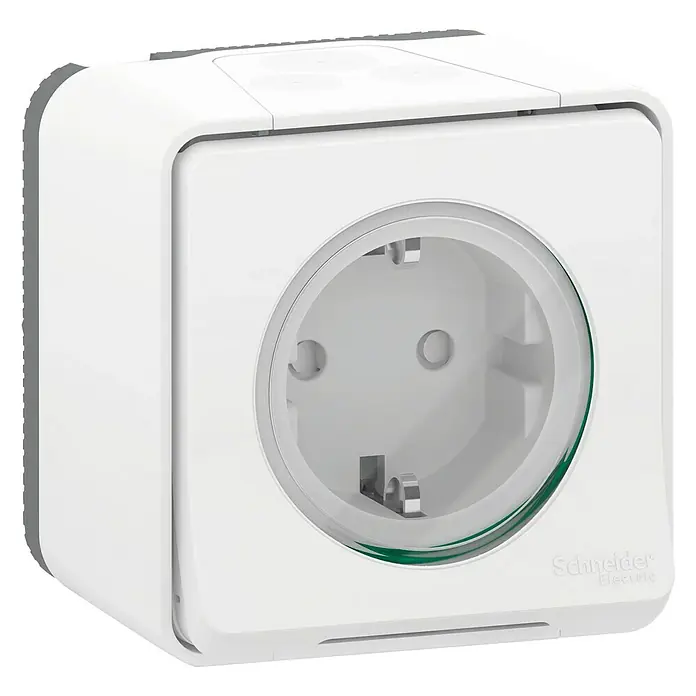 Schneider Electric Mureva Styl Enchufe - Blanco, 16 A, Colocar - Primer plano de un enchufe Schuko blanco de Schneider Electric, destacando su diseño robusto y moderno perfecto para cualquier hogar.