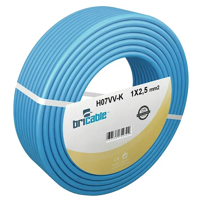 Bricable Cable unipolar neutro - H07V-K, Número de cables: 1, 100 m, Azul, 2,5 mm² - Cable eléctrico azul H07VV-K 1x2,5 mm² Bricable en rollo, ideal para diversas instalaciones eléctricas interiores.
