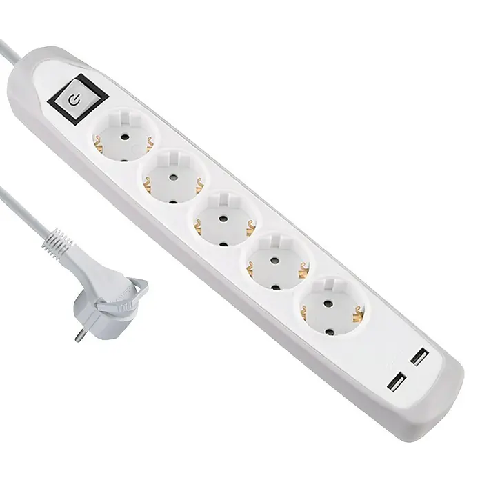 Electraline Base de enchufe múltiple con USB Gummy - Número de enchufes Schuko: 5 ud., Blanco/Plateado, Longitud del cable: 2 m, Con interruptor - Regleta blanca con cinco enchufes y dos puertos USB, ideal para el escritorio.