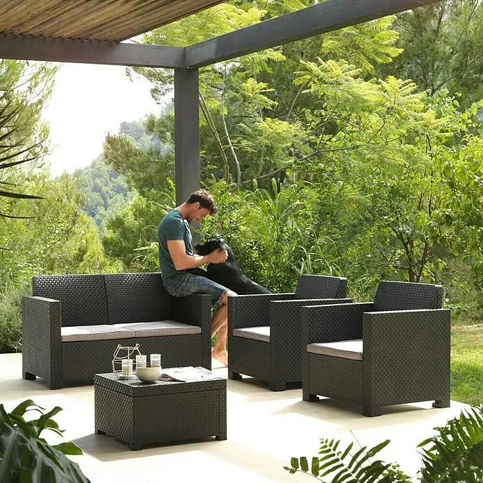 Shaf Conjunto de muebles Evo - 4 pzs., Polipropileno, Antracita - Conjunto de salón de jardín de poliratán negro con sofá, sillones y mesa de almacenamiento para horas de relax en el jardín o en el patio.
