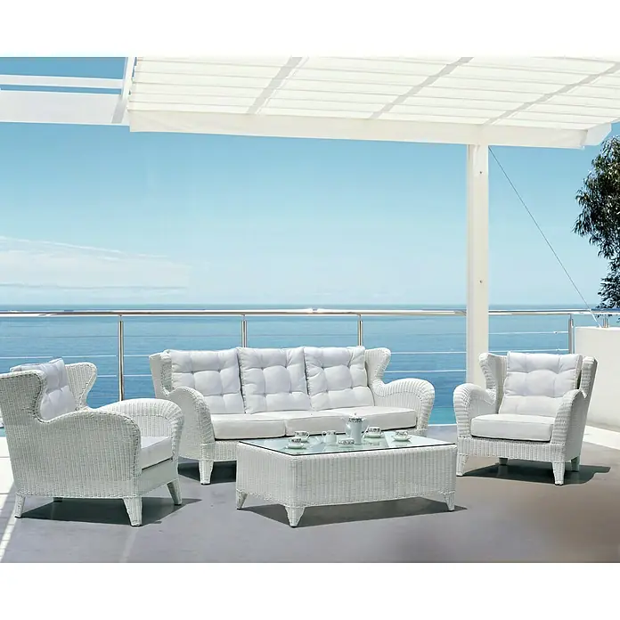 Sunfun Cojín de asiento Sillón Huston - Poliéster, Blanco - Elegante conjunto de muebles de jardín blancos con sofá, sillones y mesa para una relajación al aire libre con vistas al mar.