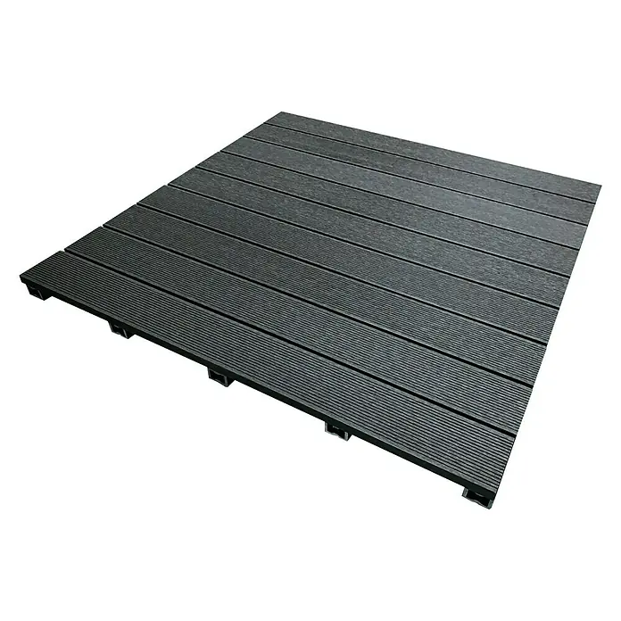 Dioco Loseta de WPC - Antracita, An x L: 90 x 90 cm, 1 ud. - Se muestra una baldosa cuadrada de terraza de composite oscuro con superficie acanalada y sistema de enclavamiento para facilitar la instalación.