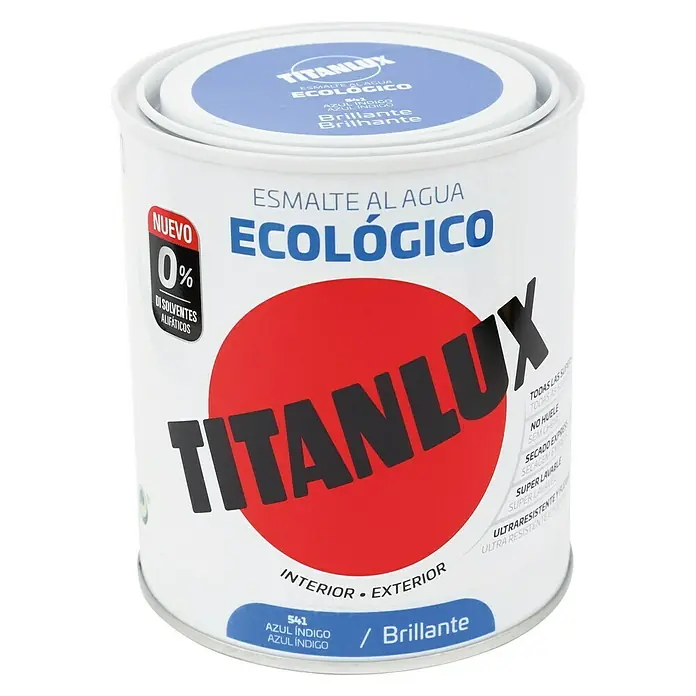 Titanlux Esmalte de color Eco - Azul índigo, Brillante, 750 ml, Base de agua - Bote de pintura al agua "Ecologico" de Titanlux en color azul índigo, acabado brillante. Para uso interior y exterior, ecológico y duradero.