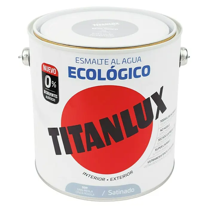 Titanlux Esmalte de color Eco - Gris perla, Satinado, 2,5 l, Base de agua - Bote de pintura esmalte al agua Titanlux, color Gris Perla / Satinado, para interiores y exteriores, y 0% disolventes alifáticos.