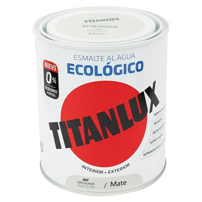 Titanlux Esmalte de color Eco - Gris suave, Mate, 750 ml, Base de agua - Bote de esmalte al agua Titanlux, ecológico, color gris, para zonas de interior y exterior. Muy resistente y superlavable.