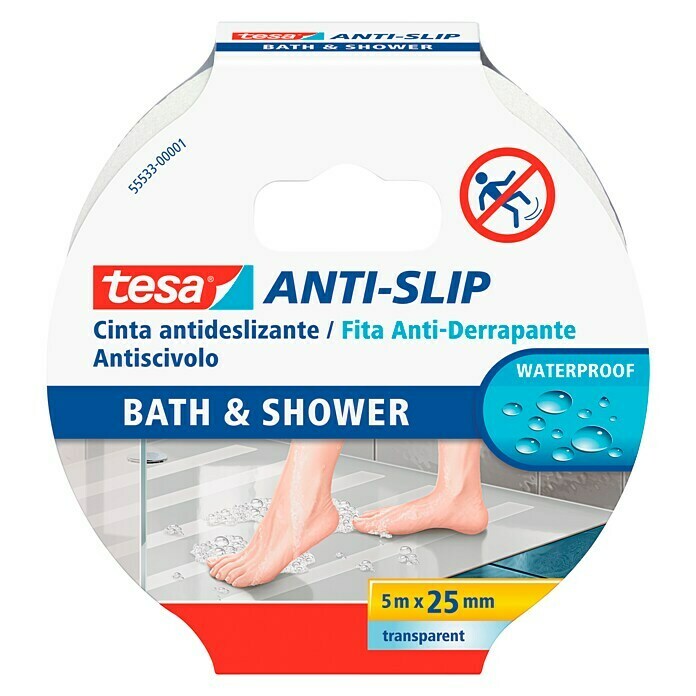 tesa Cinta antideslizante para baños Anti-slip (Incoloro, 5 cm x 25 mm)