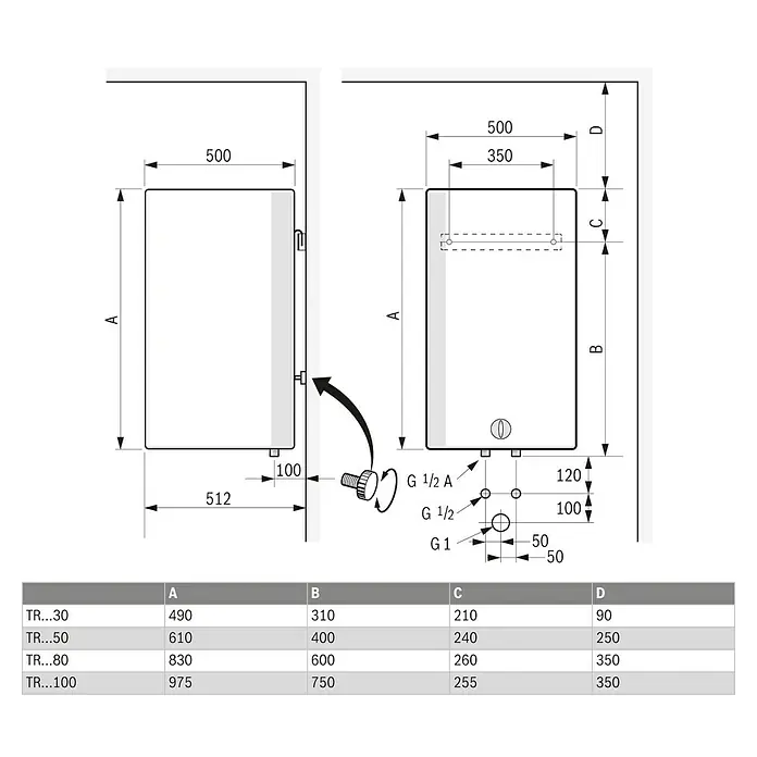 Bosch Warmwasserspeicher Tronic Plus - 80 l, 2.000 W, Temperaturbereich: 35 °C - 75 °C, Wandmontage - Abbildung eines Warmwasserbereiters TR mit Maßangaben für Installation und Größen.