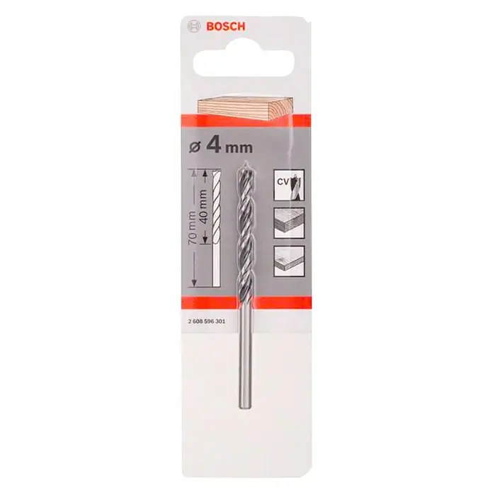 Bosch Broca para madera en espiral - 1 ud., Diámetro de la broca: 4 mm - La imagen muestra una broca para madera Bosch de 4 mm en su embalaje. La broca es de color plateado y está diseñada para madera.