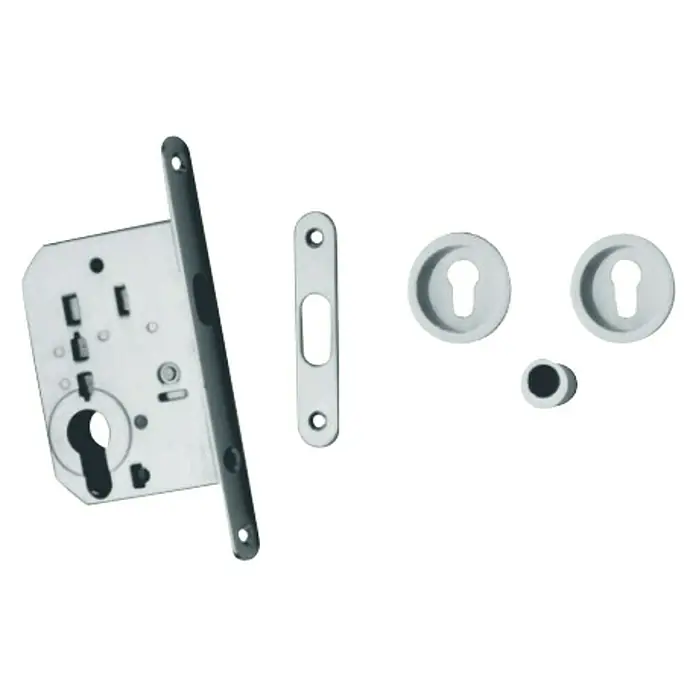 Micel Cerradura de embutir PCR5 - Apto para: Puertas correderas, Níquel - Un primer plano de un juego de cerradura de puerta metálica, que consta de cuerpo de cerradura, placa de golpe, rosetas y un pulgarín.