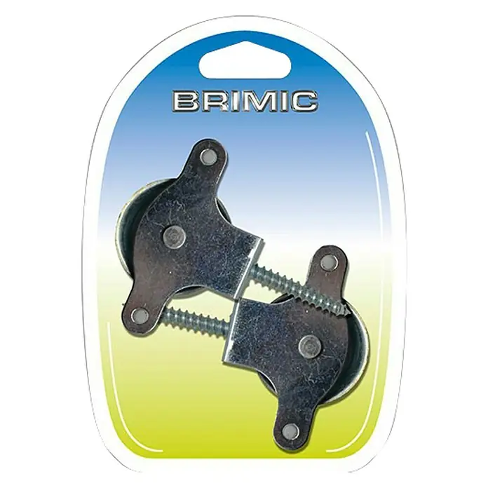 Micel Polea para tender con tornillo - Apto para: Cuerda, 40 mm, Plástico, 2 ud. - Primer plano del producto Brimic con dos rodillos y tornillos en un embalaje transparente, ideal para proyectos de construcción.