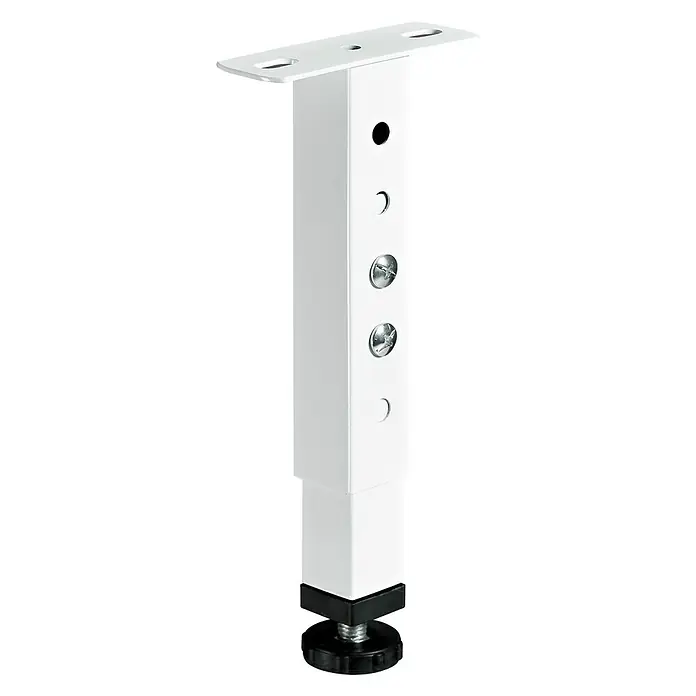 Hettich Möbelfuß - L x B x H: 3,5 x 3,6 x 30 cm, Traglast: 50 kg, Stahl - Nahaufnahme eines verstellbaren, weißen Tischbeins mit Schrauben und einer schwarzen Basis zur Höhenanpassung.