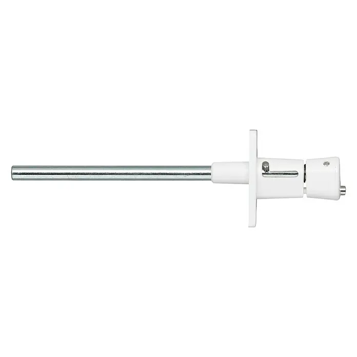 Abus Tope de cierre para persianas RS87 - Largo: 177 mm, Blanco - Primer plano de un mecanismo de barra de cortina blanca orientado horizontalmente con una varilla plateada.