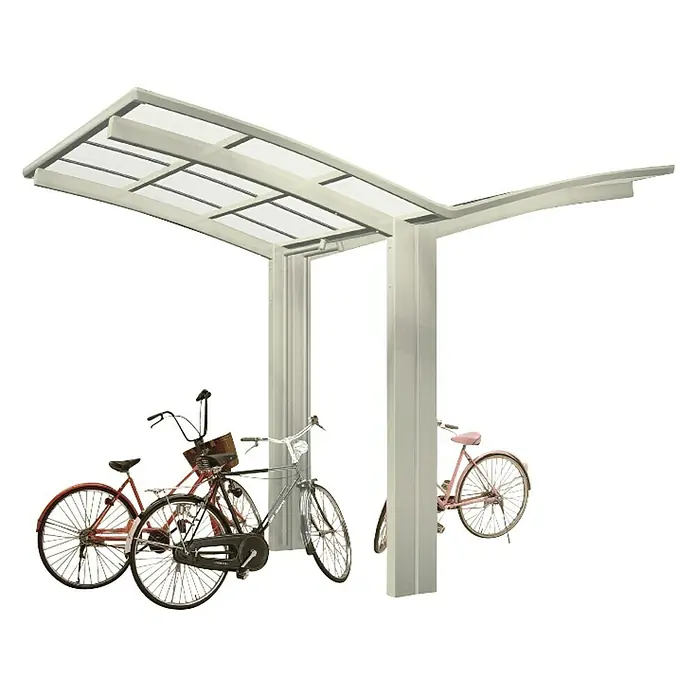Ximax Portoforte Carport Typ 60 Mini - Außenmaß inkl. Dachüberstand (B x T): 4,04 x 2,54 m, Bikeport, Edelstahloptik - Eine Fahrradüberdachung mit drei Fahrrädern verschiedener Farben darunter.