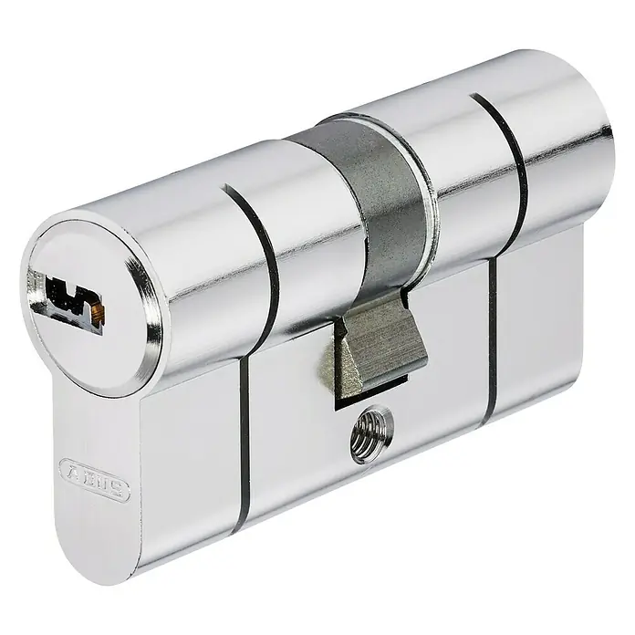 Abus Cilindro de perfil D6PS N 30/30 B - Longitud total interior: 30 mm, Longitud total exterior: 30 mm, Número de llaves: 5 ud. - Primer plano de un cilindro de perfil ABUS brillante, que ofrece seguridad y artesanía de alta calidad para cerraduras de puertas.