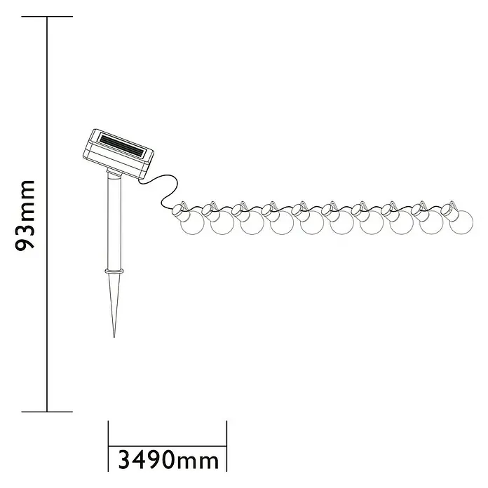Luxform Guirnalda luminosa solar Menorca - Largo: 349 cm, LED - Diagrama de una cadena de luces solares con dimensiones de 93 mm de altura y 3490 mm de longitud.