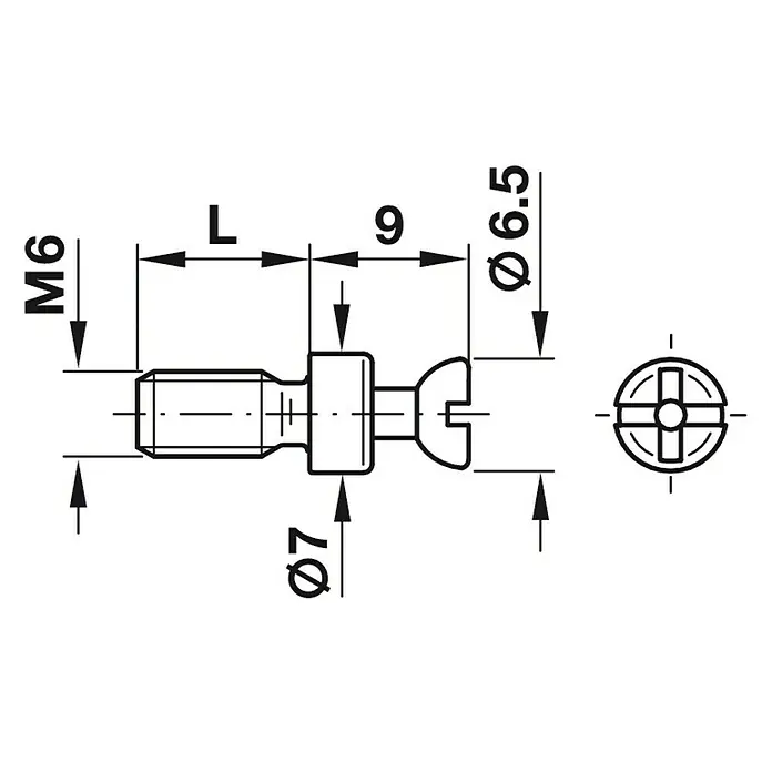 Häfele Perno de conexión Rafix S 20 - Rosca especial, Longitud rosca: 11 mm - Dibujo técnico de un tornillo M6 con medidas de la cabeza y el vástago para construcción y montaje.