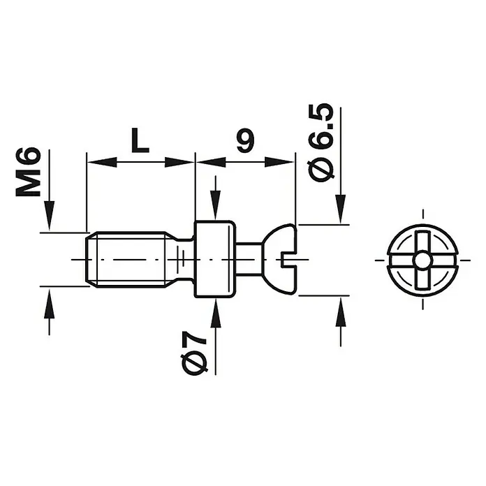 Häfele Perno de conexión Rafix S 20 - Rosca: M 6, Longitud rosca: 12 mm - Dibujo técnico de un tornillo de ranura M6 con cabeza, diámetro de cabeza de 6,5 mm, diámetro de vástago de 7 mm, ancho de cabeza de 9 mm y longitud variable L.