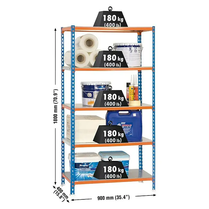 Simonrack Simonclick Metallregal Simonclick Plus - H x B x T: 180 x 90 x 40 cm, Traglast pro Boden: 180 kg, Anzahl Böden: 5 Stk., Stecken, Blau/Orange/Silber - Abbildung eines voll beladenen, robusten Lagerregals mit fünf Ebenen, das mit Gewichten zur Demonstration der Tragfähigkeit versehen ist.