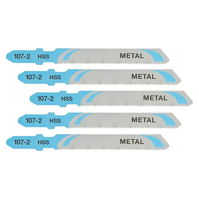 DeWalt Hoja de sierra de calar DT2160-QZ - Aluminio - La imagen muestra cinco hojas de sierra de calar para metal 107-2 HSS, diseñadas para cortes precisos.