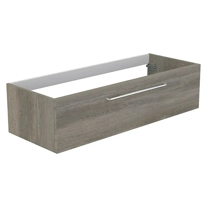 Camargue Espacio Waschtischunterschrank - 120 x 46 x 30 cm, Faro - Nahaufnahme einer modernen Waschtischunterschrank-Schublade in Holzoptik mit einem eleganten, silberfarbenen Griff auf schwarzem Hintergrund.