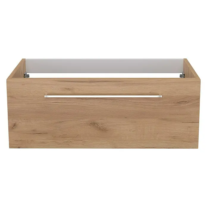 Camargue Espacio Waschtischunterschrank - 80 x 46 x 30 cm, Doce - Dieses Bild zeigt einen Badezimmerschrank mit einer hellbraunen Holzstruktur, der mit einem modernen, minimalistischen Griff ausgestattet ist.
