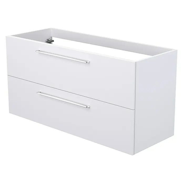 Camargue Espacio Waschtischunterschrank - 120 x 46 x 60 cm, 2 Schubkästen, Mira - Ein weißer Badezimmerschrank mit zwei Schubladen und silbernen Griffen. Perfekt für ein modernes Badezimmerdesign und zusätzlichen Stauraum.
