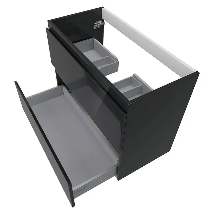 Camargue Espacio Waschtischunterschrank - 80 x 40 x 60 cm, 2 Schubkästen, Gama anthrazit glänzend - Moderne Badezimmerkommode in Schwarz mit offenen Schubladen zur Aufbewahrung von Badutensilien. Stilvolle Badmöbel für mehr Ordnung.