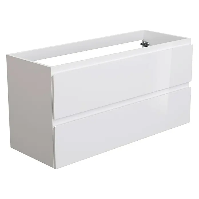 Camargue Espacio Waschtischunterschrank - 120 x 46 x 60 cm, 2 Schubkästen, Gama weiß glänzend - Weißer Waschtischunterschrank mit zwei Schubladen, der eine elegante und moderne Badezimmerausstattung bietet.
