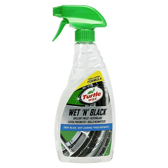 Turtle Wax Limpiador de neumáticos - 500 ml - Imagen de una botella de spray abrillantador de neumáticos Turtle Wax Wet 'N' Black con una boquilla de pulverización verde.