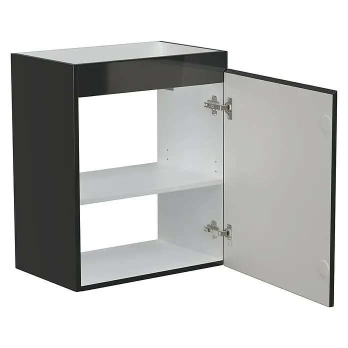 Camargue Espacio Waschtischunterschrank - 50 x 33 x 60 cm, Gama anthrazit glänzend - Abbildung eines modernen grauen Hängeschranks mit einer weißen Inneneinteilung und einer geöffneten Tür, die die Regale zeigt.