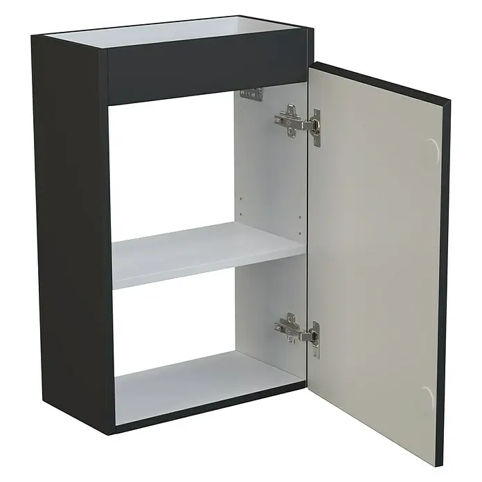Camargue Espacio Waschtischunterschrank - 40 x 22 x 60 cm, Gama anthrazit matt - Ein moderner grauer Hängeschrank mit einer Tür und zwei weißen Regalen. Das Möbelstück bietet Stauraum und ist stilvoll gestaltet.