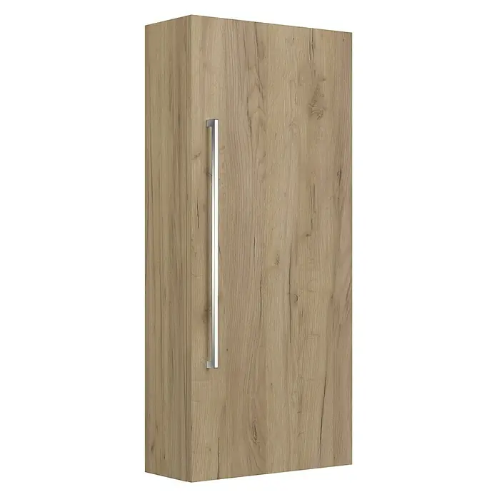 Camargue Espacio Hängeschrank - 40 x 17 x 90 cm, Farbe Griff: Chrom, Doce - Helles Holz-Paneel mit einem schmalen silbernen Griff. Die Platte hat eine deutlich sichtbare Maserung und wirkt sehr modern.