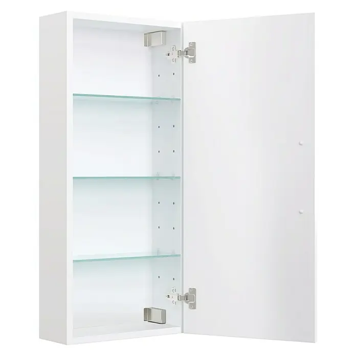Camargue Espacio Hängeschrank - 40 x 17 x 90 cm, Farbe Griff: Chrom, Mira - Ein weißer Badezimmerschrank mit Glastablaren und einer geöffneten Tür präsentiert die Funktionalität und das Design.
