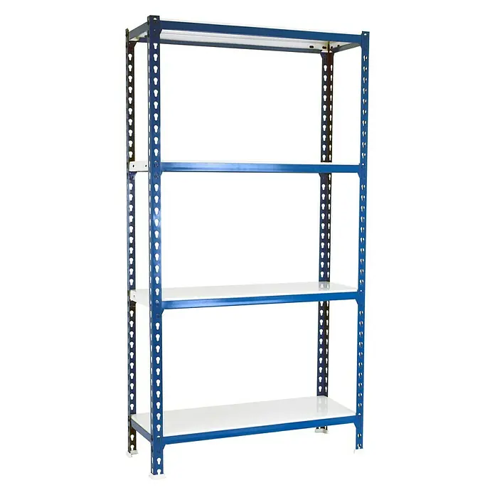 Simonrack Simonclick Estantería metálica Mini - Al x An x Pr: 150 x 80 x 50 cm, Capacidad de carga por balda: 180 kg, Número de baldas: 4 ud., Inserción, Azul/Blanco - Una estantería metálica azul con cuatro estantes blancos ofrece un amplio espacio de almacenamiento, ideal para garaje, sótano o almacén.