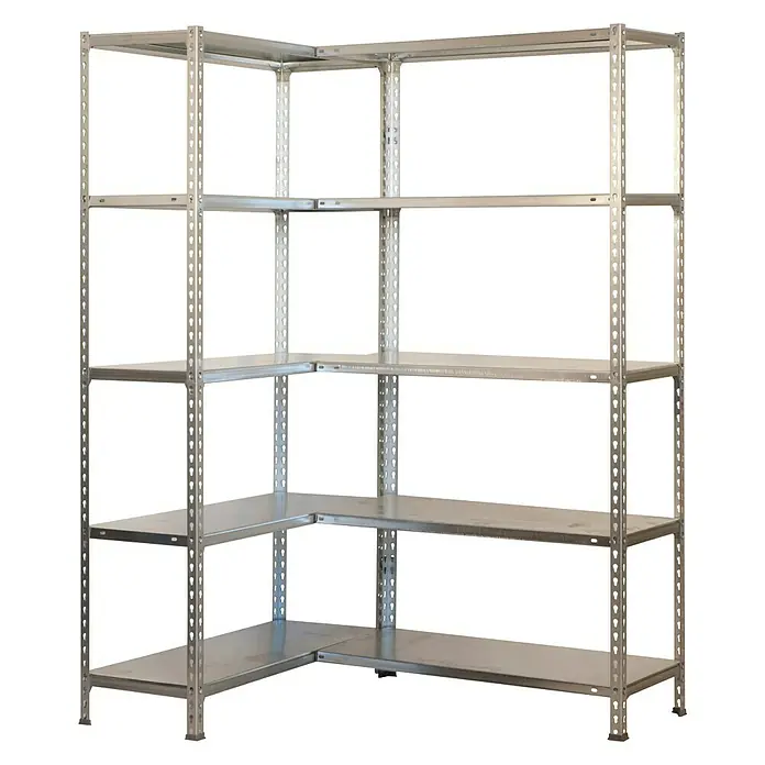 Simonrack Simonclick Estante rinconero Simoncorner - Al x An x Pr: 200 x 140 x 50 cm, Capacidad de carga por balda: 80 kg, Número de baldas: 10 ud., Inserción, Galvanizado - Una estantería metálica de esquina con cinco niveles y estantes regulables, ideal para el almacenamiento y la organización.