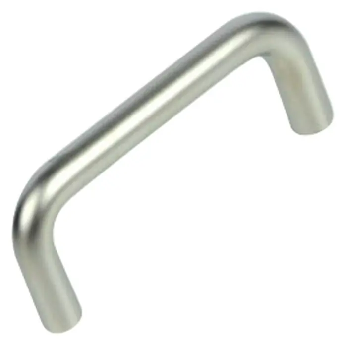 Nesu Tirador para muebles 64402 - L x An x Al: 7,2 x 2,8 x 0,8 cm, Acero, Níquel, Distancia entre orificios: 64 mm - Primer plano de un tirador de mueble moderno y curvado hecho de acero cepillado. Ideal para cajones y armarios de diseño moderno.