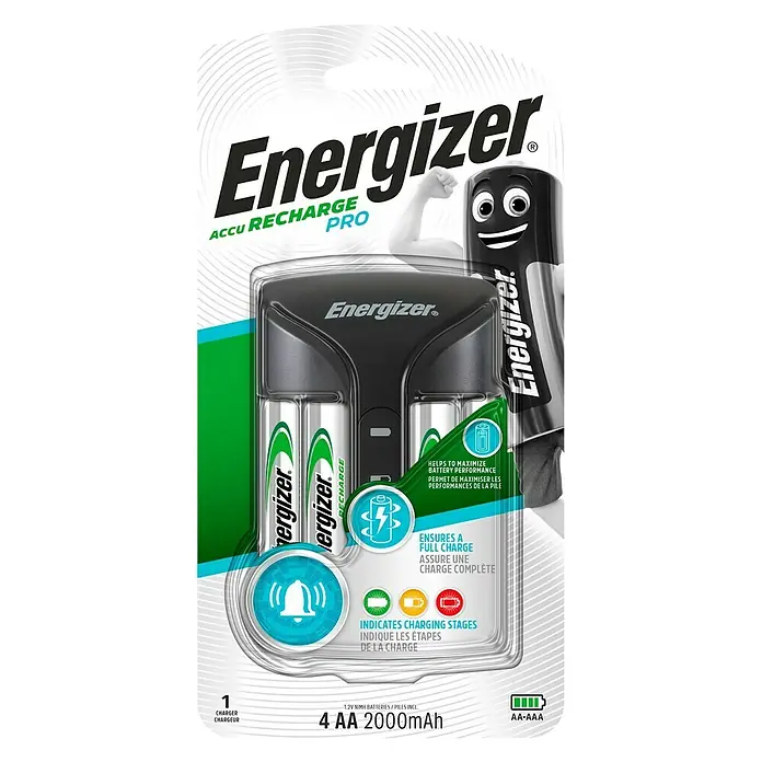 Energizer Cargador Pro - 4 pilas Mignon (AA), 2.000 mAh, Canales de carga: 4 - Paquete de baterías y cargador Energizer Accu Recharge Pro, ideal para pilas AA de 2000mAh, ecológico y recargable.