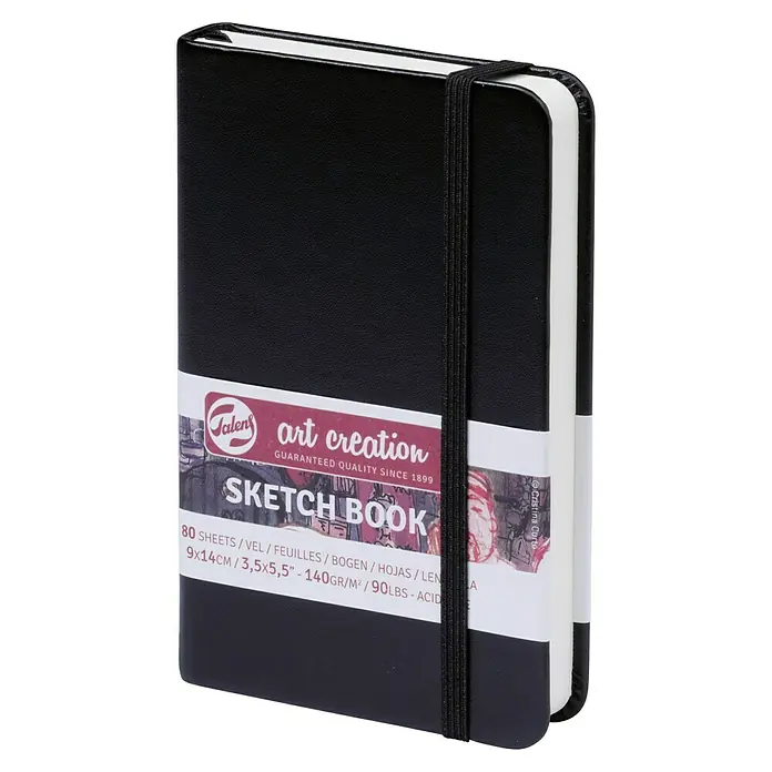 Talens Art Creation Bloc para esbozos Sketch book - 9 x 14 cm, 140 g/m² - Un cuaderno de bocetos Art Creation negro con goma elástica. Ideal para llevar, ofrece 80 hojas de papel de calidad.