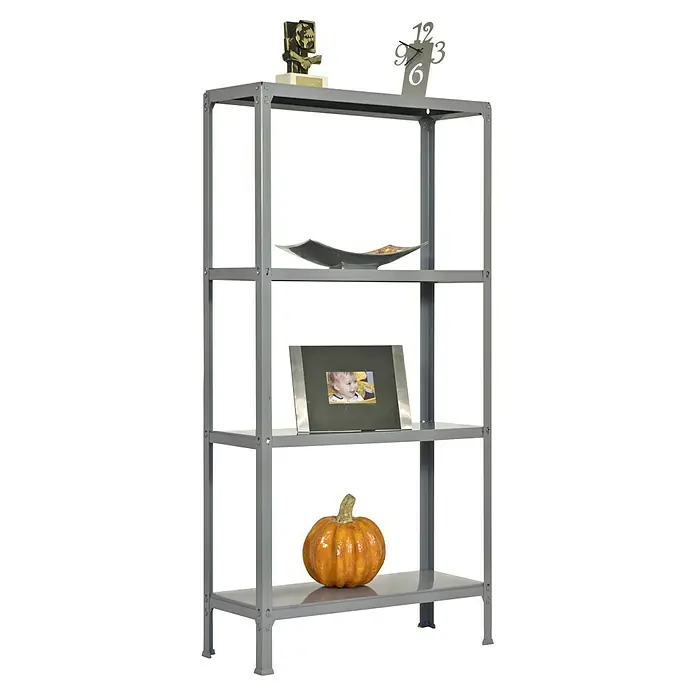 Simonrack Simonhome Estantería metálica Homeclick Color Plus - Al x An x Pr: 160 x 100 x 36 cm, Capacidad de carga por balda: 150 kg, Número de baldas: 4 ud., Inserción, Gris - Estantería gris con cuatro estantes que muestran elementos decorativos como una calabaza y un marco de fotos.