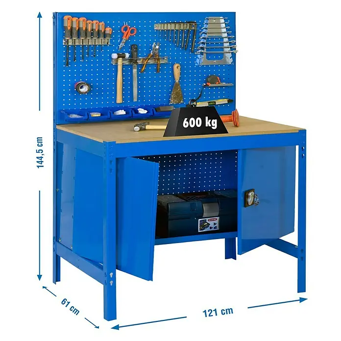 Simonrack Simonwork Banco de trabajo BT2 Locker - L x An: 61 x 121 cm, Altura de trabajo: 144,5 cm, Carga soportada: 600 kg, Azul - Banco de trabajo azul con panel portaherramientas, herramientas y un peso de 600 kg en la superficie de trabajo. El banco tiene cajón y almacenaje.
