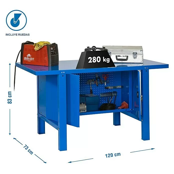 Simonrack Simonwork Banco de trabajo BT6 Cabinet Metal - L x An: 73 x 120 cm, Altura de trabajo: 83 cm, Carga soportada: 600 kg, Azul - Banco de trabajo azul con 280kg de capacidad, incluye ruedas y almacenamiento integrado para herramientas.