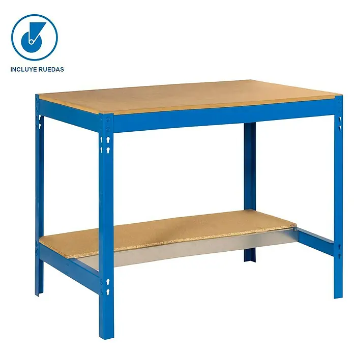 Simonrack Simonwork Banco de trabajo BT0 Mobile - L x An: 76 x 121 cm, Altura de trabajo: 91,7 cm, Carga soportada: 120 kg, Azul - Banco de trabajo con estructura metálica azul, superficie de madera y estante adicional para almacenaje.