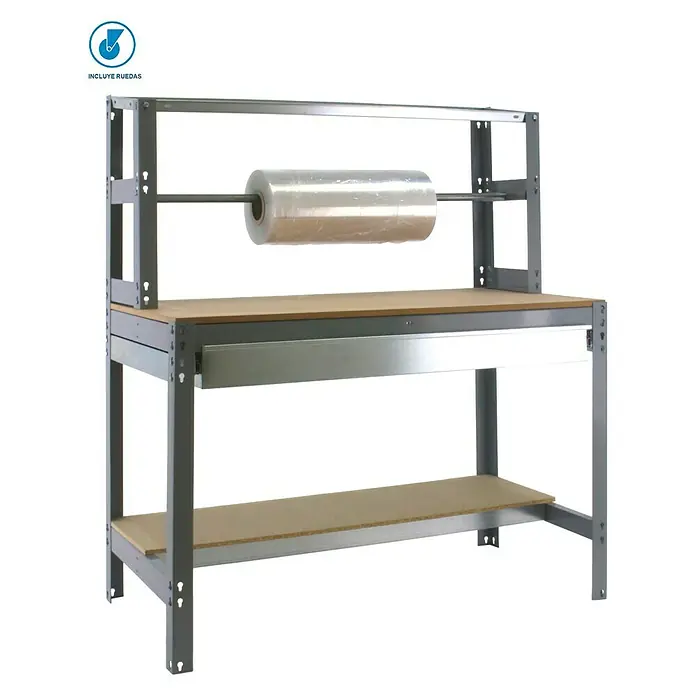 Simonrack Simonwork Banco de trabajo BT4 Box Mobile - L x An: 76 x 121 cm, Altura de trabajo: 144,5 cm, Carga soportada: 120 kg, Gris - Dispensador de rollos con estructura metálica, encimera de madera y rollo de film plástico. Ideal para cortar materiales de embalaje.