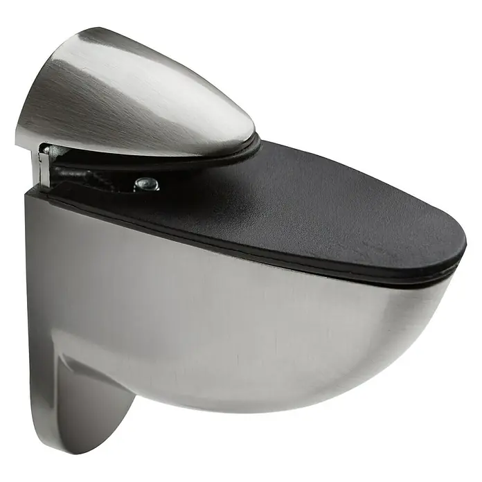 Format Wandregalhalter Tucano - L x B x H: 8 x 8 x 3,5 cm, Edelstahloptik - Nahaufnahme einer Regalklammer mit gebürsteter Oberfläche, ideal zur sicheren Befestigung von Glasböden. Stabile, elegante Regalbodenhalterung.
